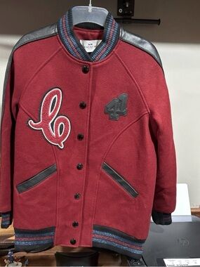 Coach Burgundy and Black Varsity Boyfriend Bomber Jacket Coat